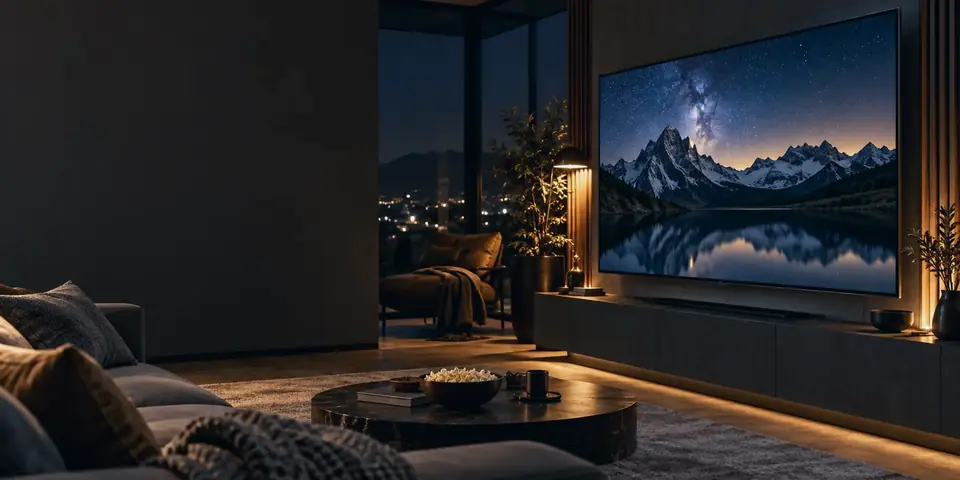 A large wall-mounted TV in a living room at night
