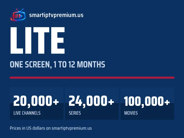 Lite plan: one screen for 1 to 12 months, 20,000+ live channels, 24,000+ series and 100,000+ movies